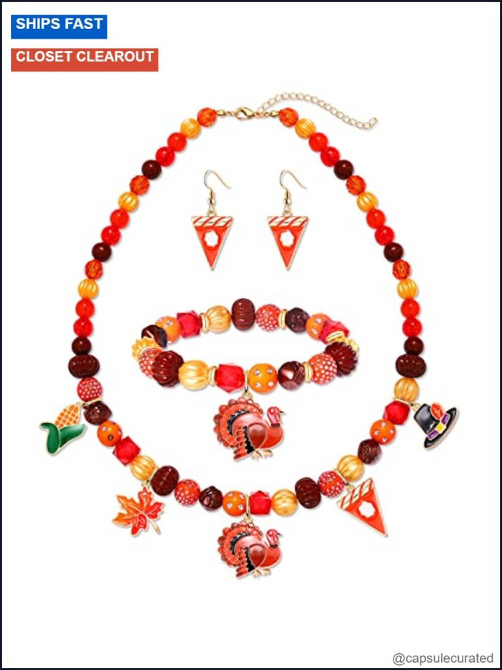 Thanksgiving Necklace Bracelet Earrings Set Chunky Pumpkin